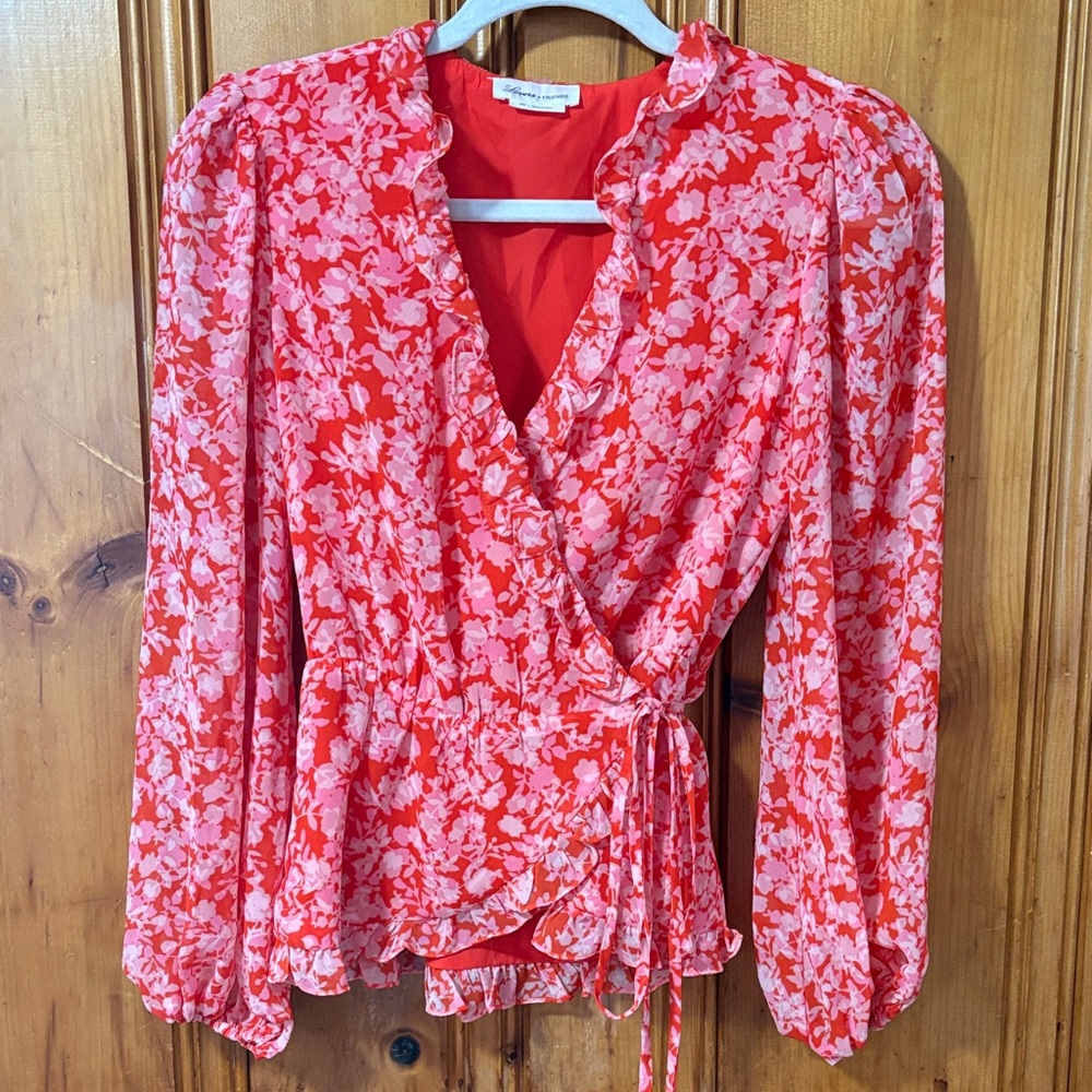 Lovers + Friends Red and Pink Floral Blouse - Wrap Style - Size XXS